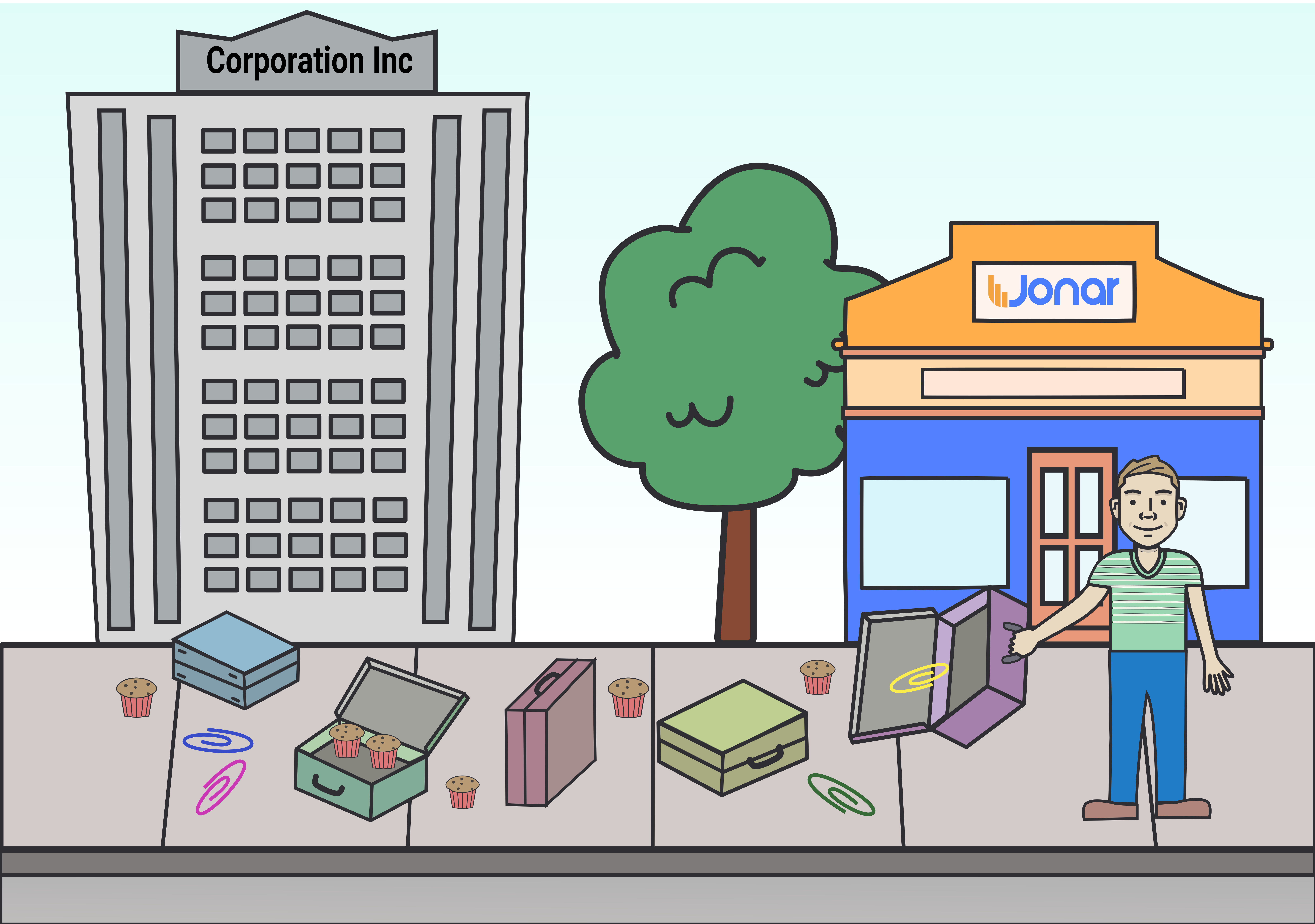 man dumping his stuff moving from big company to small