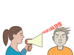 saleswoman yelling through microphone at customer